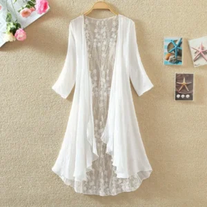 Long Women Summer Linen Sunscreen Coat Thin Lace Stitching