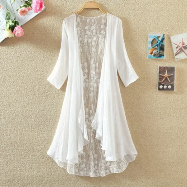 Long Women Summer Linen Sunscreen Coat Thin Lace Stitching