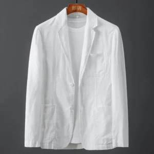 White Cotton Linen Slim Blazer Jacket For Men’s Casual Business Wear