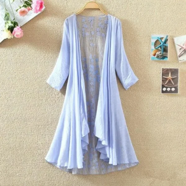 Long Women Summer Linen Sunscreen Coat Thin Lace Stitching - Image 5