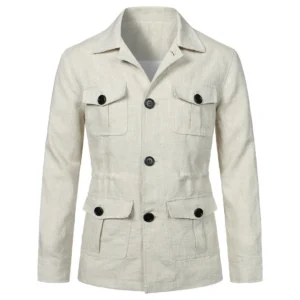 Men's Casual Linen Work Jacket Vest Multi-Pocket Regular Fit Outerwear