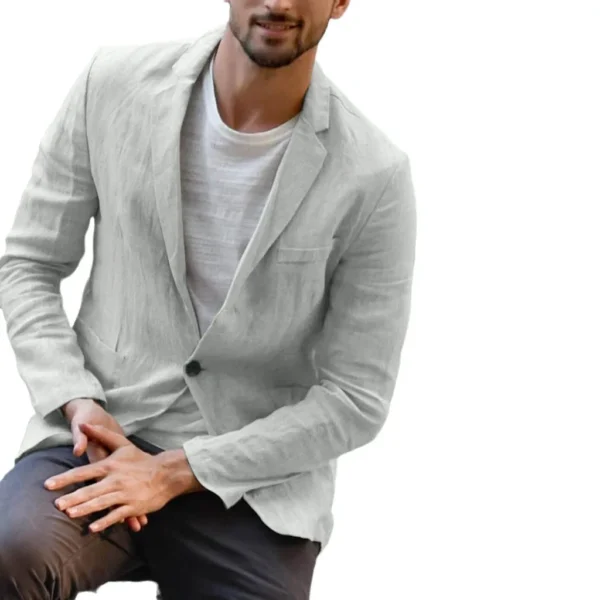 Men's Slim Fit Cotton Linen Blazer Casual Autumn Suit Coat Set With Lapel Design - Image 2
