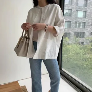 Silk Cotton Linen Top for Women Spring and Summer – Retro Color-Block T-Shirt