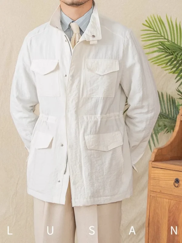 Men's Lightweight Linen Blend M65 Jacket Stand Collar Coat - Image 4
