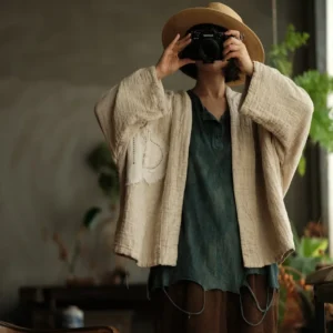 Women Vintage Embroidered Japanese Style Open Cardigans – Loose Cotton Linen Jacket