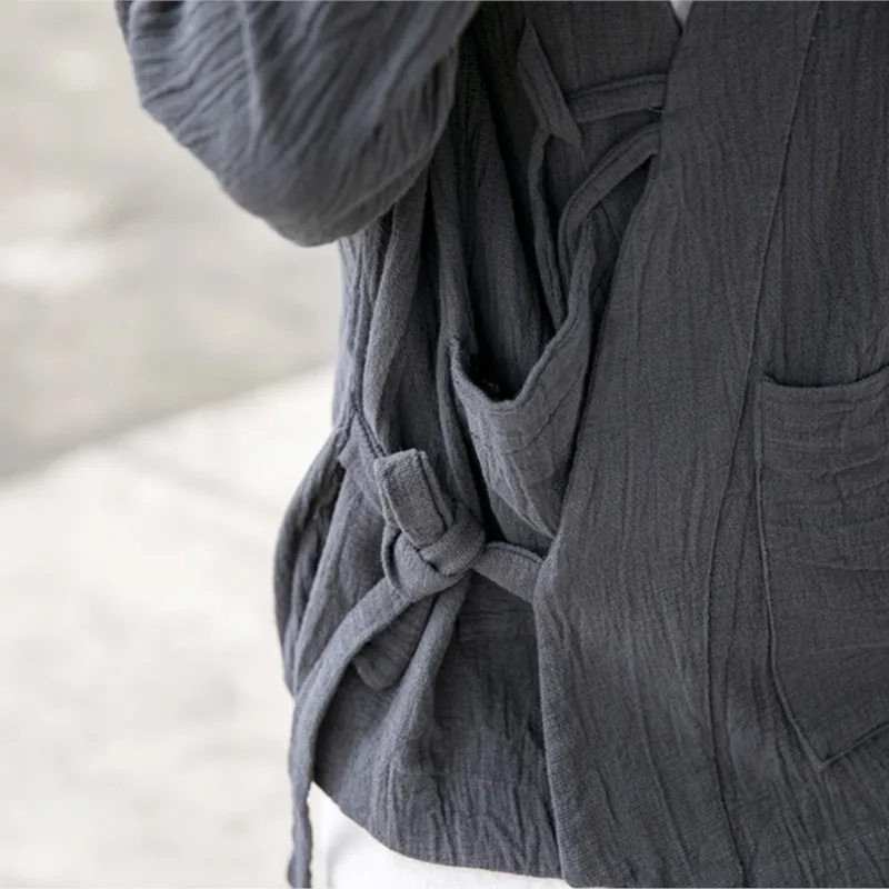 Women Chinese Style Bandage Jackets – Vintage Cotton Linen V-Neck Coat - Image 5
