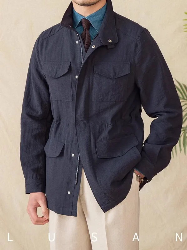 Men's Lightweight Linen Blend M65 Jacket Stand Collar Coat - Image 6