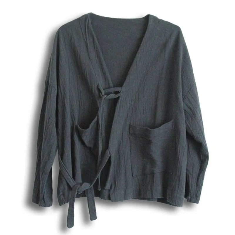 Women Chinese Style Bandage Jackets – Vintage Cotton Linen V-Neck Coat - Image 4