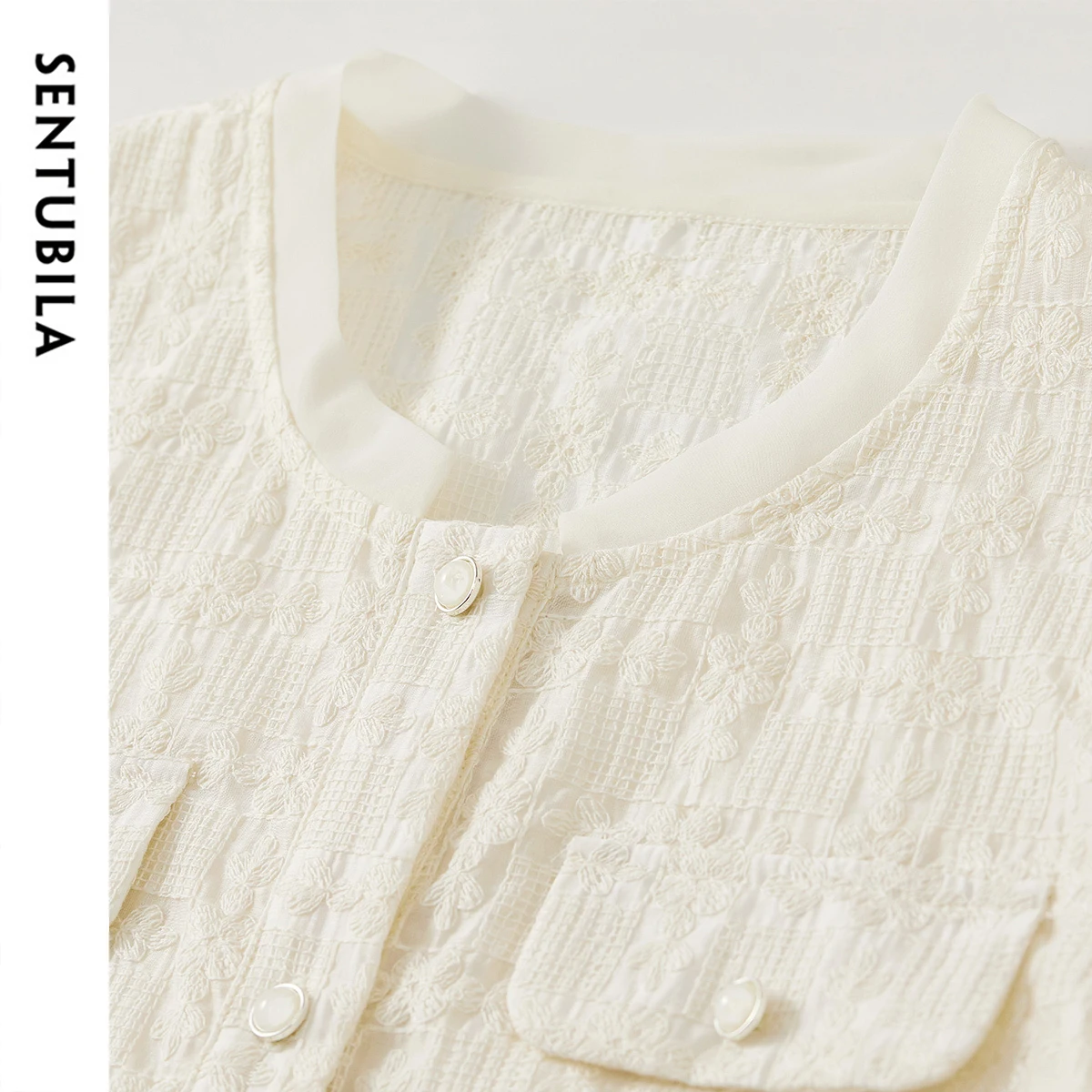 Elegant Tweed Single Breasted Cropped Coat Woman – Round Neck Summer Short Sleeve Top - Image 5