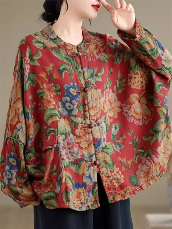 Ethnic Floral Cotton Linen Shirt Jacket With Batwing Sleeves Style - Image 2
