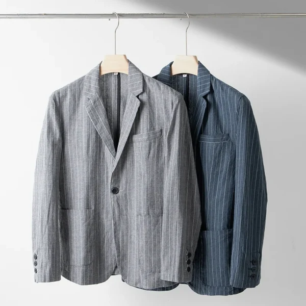 Men's Cotton Linen Striped Casual Blazer Lightweight Loose Fit Jacket - Image 2