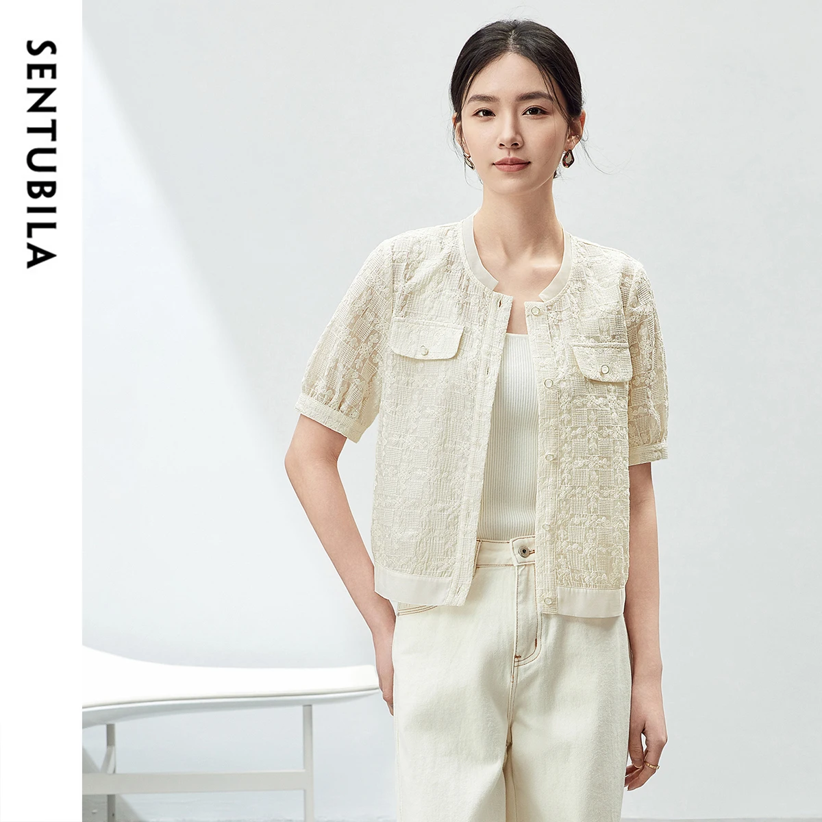 Elegant Tweed Single Breasted Cropped Coat Woman – Round Neck Summer Short Sleeve Top - Image 3