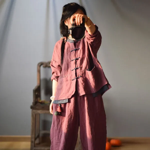 Autumn Cotton Linen Retro O-Neck Long Sleeve Women’s Coat - Image 3