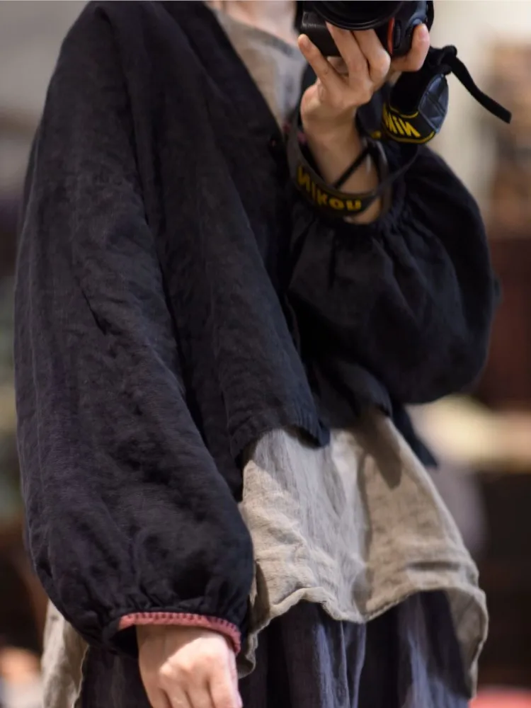 Women Loose Autumn Jacket Ladies – Vintage Linen Short Coat Outerwear - Image 3