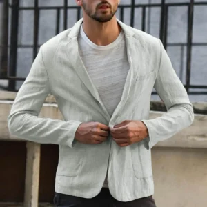 Men's Slim Fit Cotton Linen Blazer Casual Autumn Suit Coat Set With Lapel Design