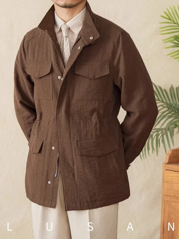 Men's Lightweight Linen Blend M65 Jacket Stand Collar Coat - Image 2