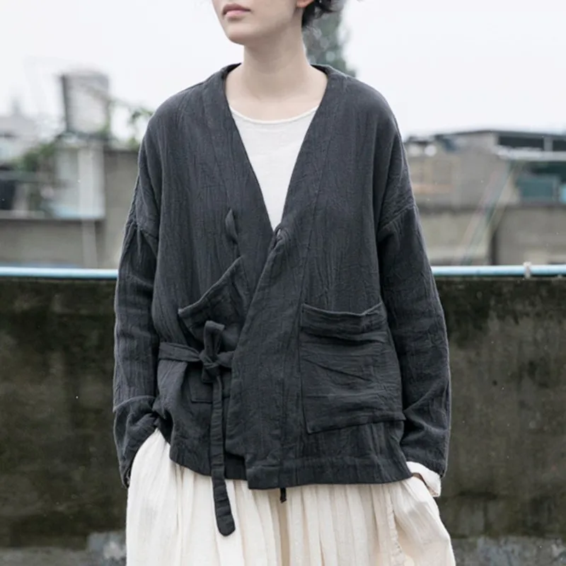 Women Chinese Style Bandage Jackets – Vintage Cotton Linen V-Neck Coat - Image 2