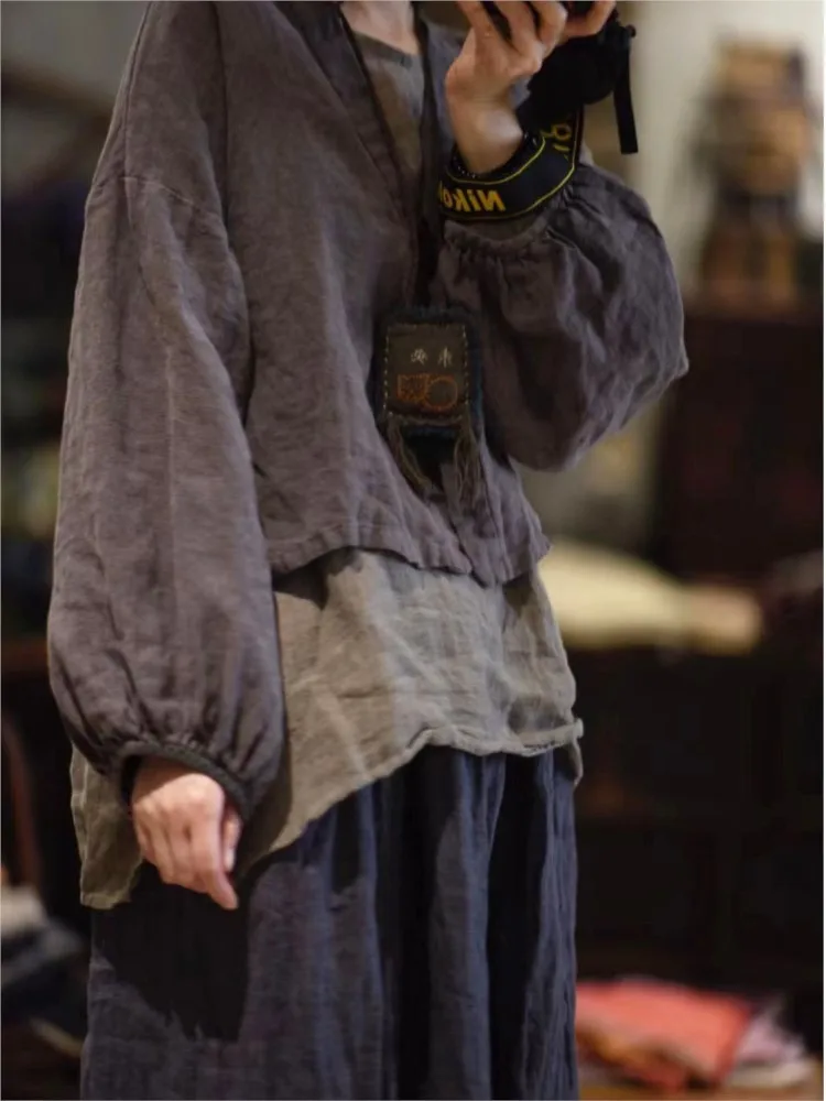 Women Loose Autumn Jacket Ladies – Vintage Linen Short Coat Outerwear - Image 4