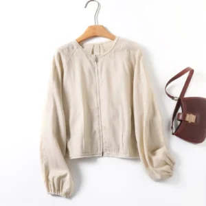 Women’s New Fashion Linen Flying Jacket Retro Long Sleeve Zippered Coat