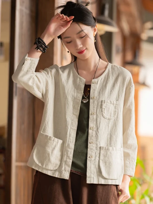 Cotton Linen Casual Short Jacket Women Vintage Spring Outerwear - Image 3