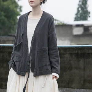 Women Chinese Style Bandage Jackets – Vintage Cotton Linen V-Neck Coat
