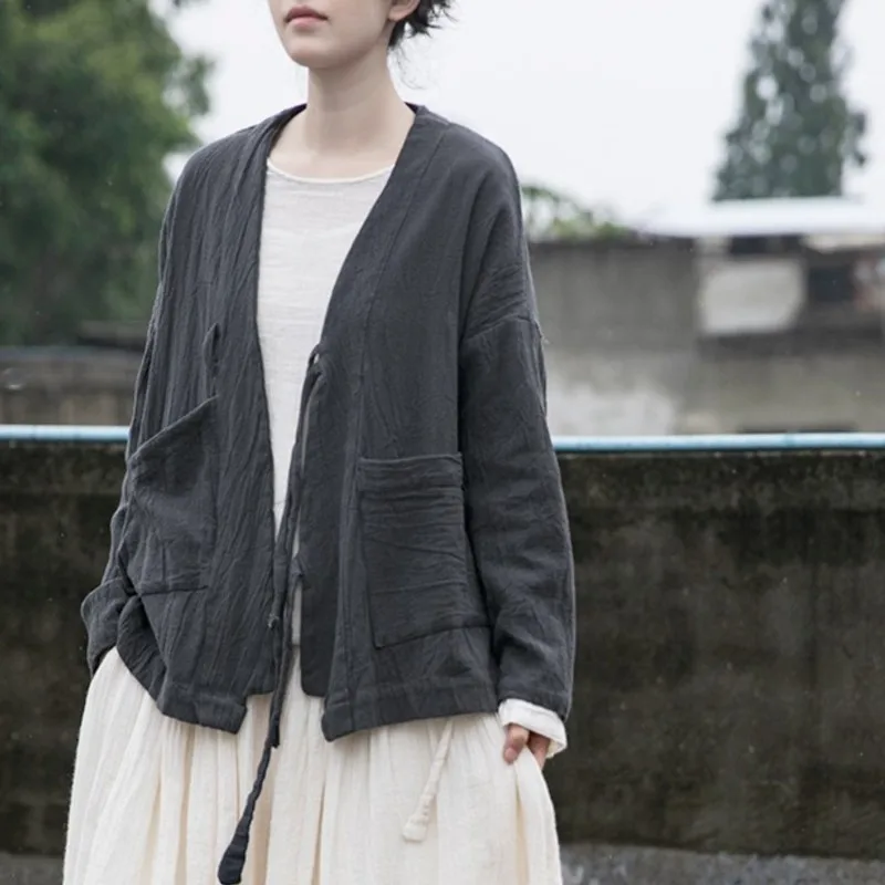 Women Chinese Style Bandage Jackets – Vintage Cotton Linen V-Neck Coat
