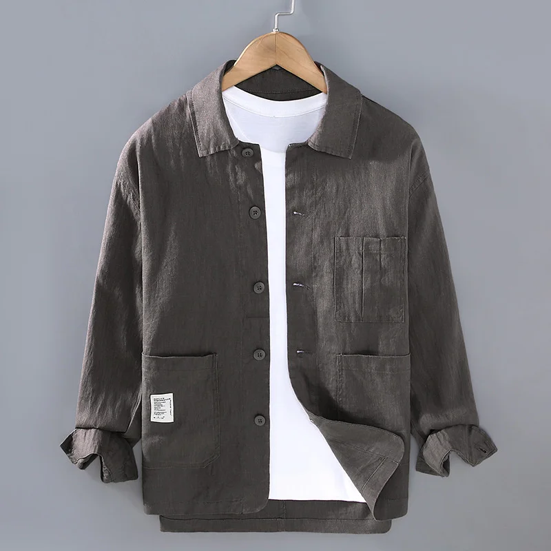 Autumn Retro Tooling Linen Jacket For Men Japanese Styles – Multi-Pocket Coat - Image 3