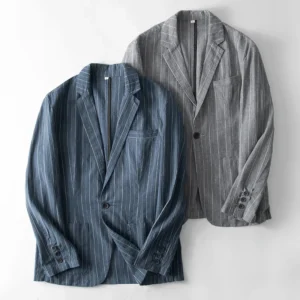 Men's Cotton Linen Striped Casual Blazer Lightweight Loose Fit Jacket