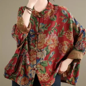 Ethnic Floral Cotton Linen Shirt Jacket With Batwing Sleeves Style