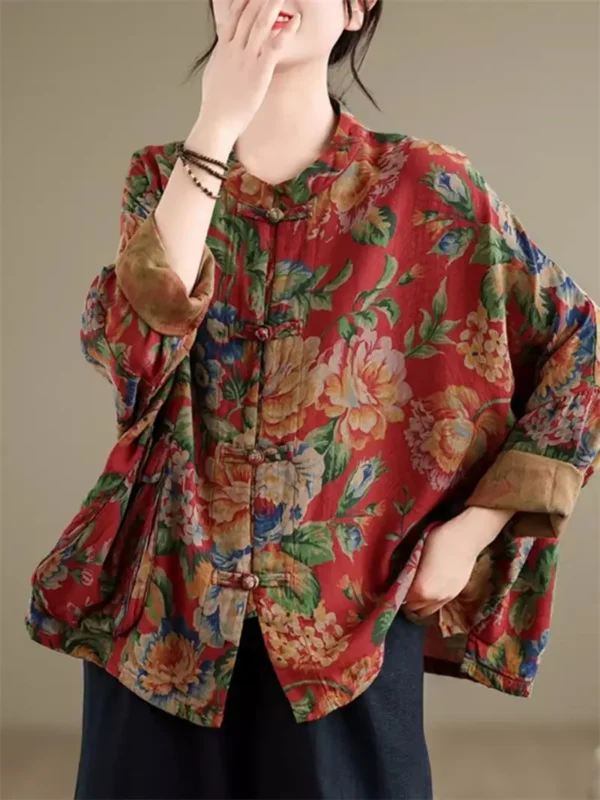 Ethnic Floral Cotton Linen Shirt Jacket With Batwing Sleeves Style