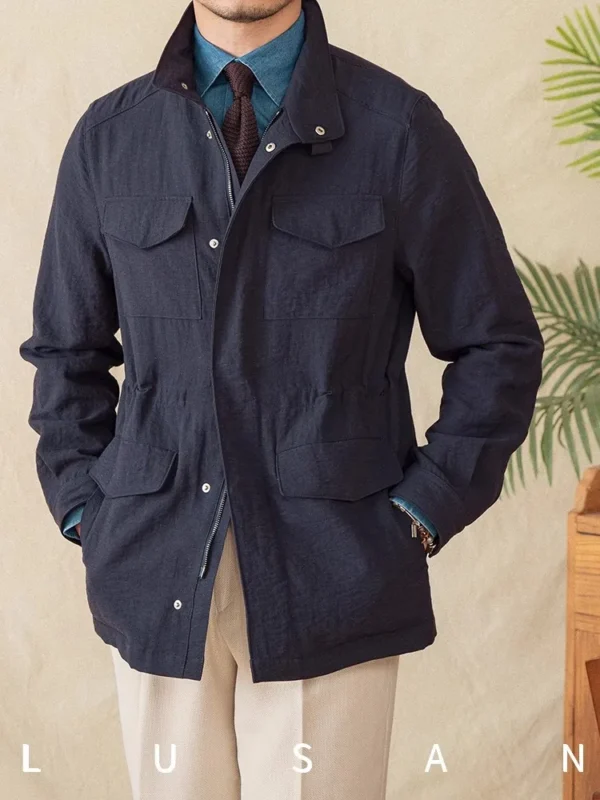 Men's Lightweight Linen Blend M65 Jacket Stand Collar Coat