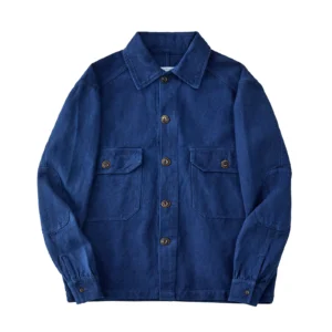 Indigo Botanical-Dyed Heavyweight Linen Shirt Jacket Vintage Workwear Style