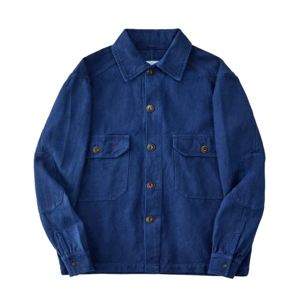 Indigo Botanical-Dyed Heavyweight Linen Shirt Jacket Vintage Workwear Style