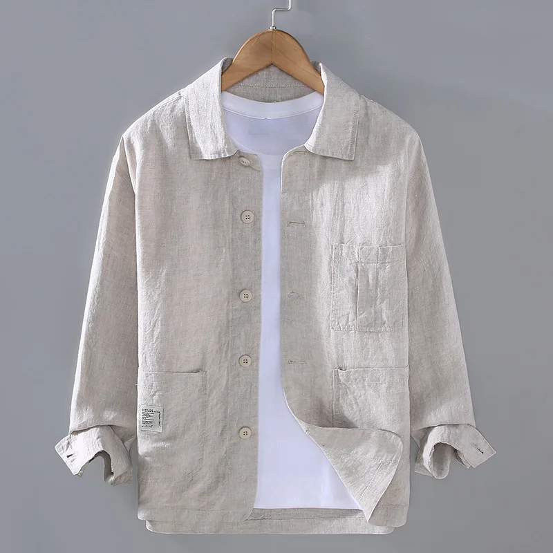 Autumn Retro Tooling Linen Jacket For Men Japanese Styles – Multi-Pocket Coat