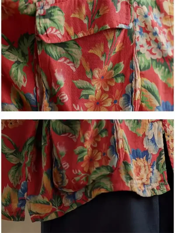 Ethnic Floral Cotton Linen Shirt Jacket With Batwing Sleeves Style - Image 5