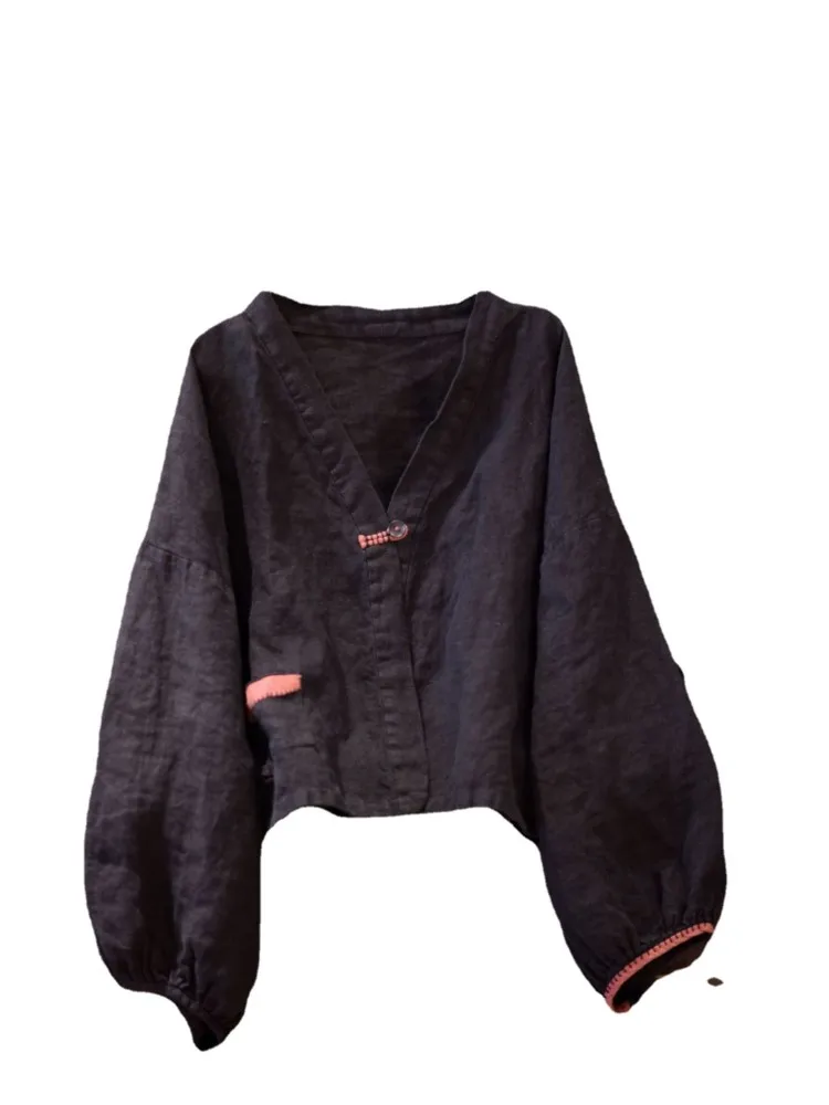 Women Loose Autumn Jacket Ladies – Vintage Linen Short Coat Outerwear - Image 5