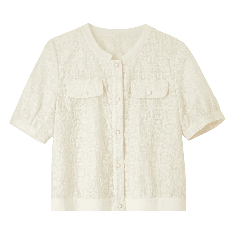 Elegant Tweed Single Breasted Cropped Coat Woman – Round Neck Summer Short Sleeve Top - Image 6