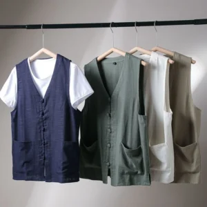 100% Linen Retro Summer Vest Loose Outdoor Men Jacket Cover