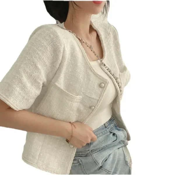 Women’s Blue Tweed Cropped Blazer Short Sleeve Casual Korean Jacket - Image 5