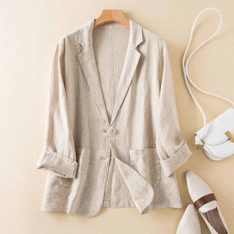 Cotton Linen Blazer Tops Women Elegant Jackets – Oversized Vintage Autumn Coat - Image 3