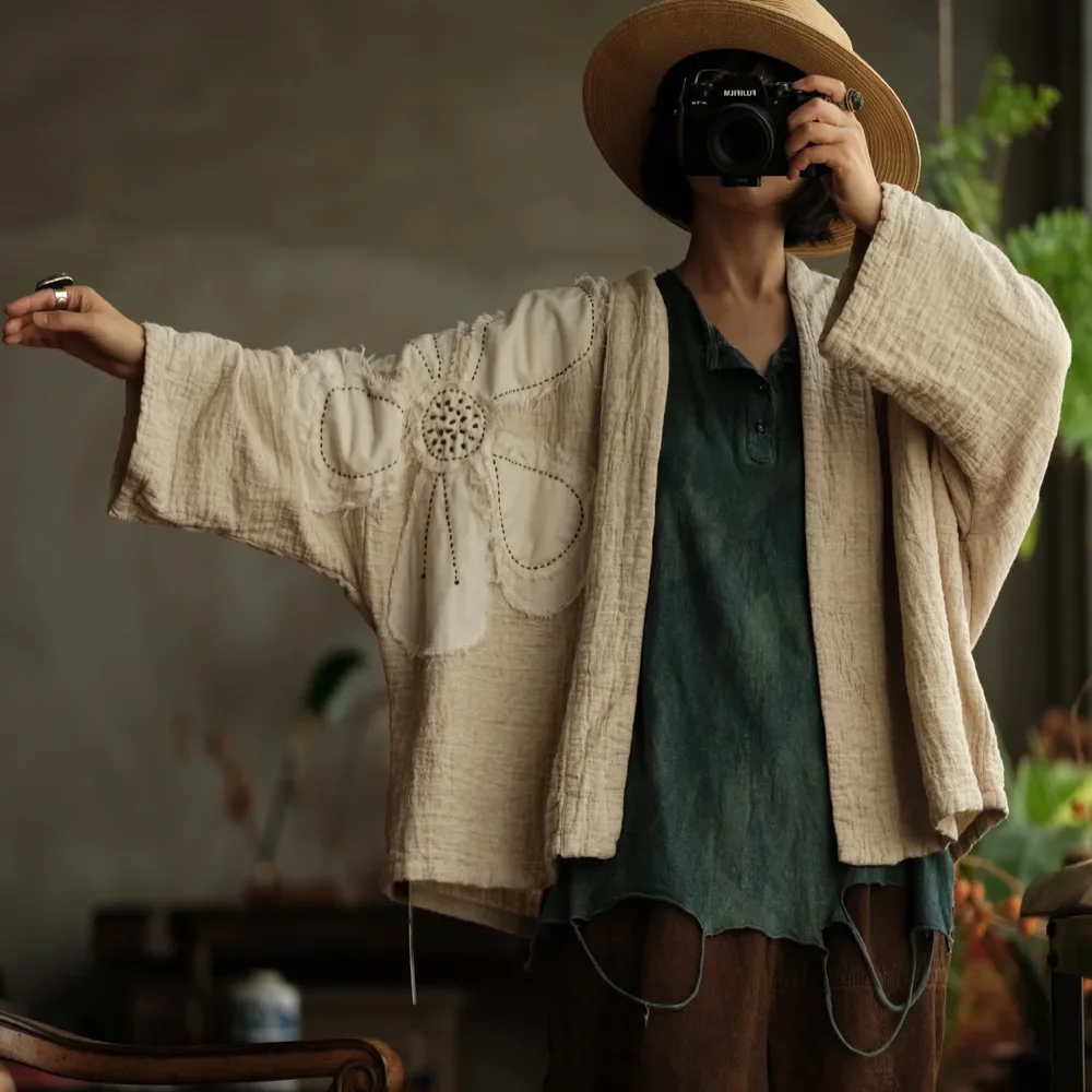Women Vintage Embroidered Japanese Style Open Cardigans – Loose Cotton Linen Jacket - Image 2
