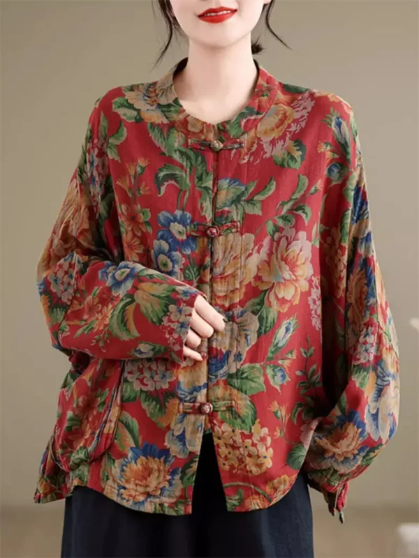 Ethnic Floral Cotton Linen Shirt Jacket With Batwing Sleeves Style - Image 4