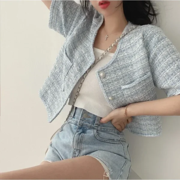 Women’s Blue Tweed Cropped Blazer Short Sleeve Casual Korean Jacket - Image 2