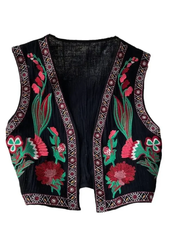 BabYoung Vintage Ethnic V-Neck Embroidered Casual Streetwear Short Jacket - Image 2