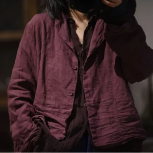 Spring Summer Solid Ramie Suit Coat Women – Loose Lapel Retro Linen Blazer