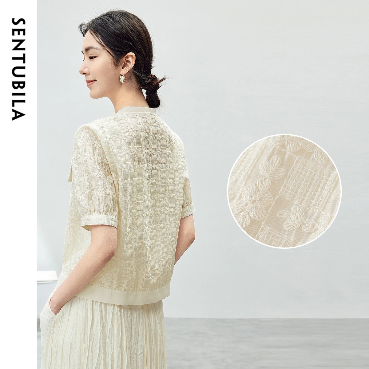 Elegant Tweed Single Breasted Cropped Coat Woman – Round Neck Summer Short Sleeve Top - Image 2