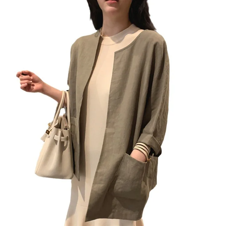 Silk Cotton Linen Top for Women Spring and Summer – Retro Color-Block T-Shirt - Image 2