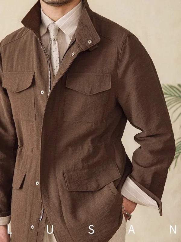 Men's Lightweight Linen Blend M65 Jacket Stand Collar Coat - Image 8