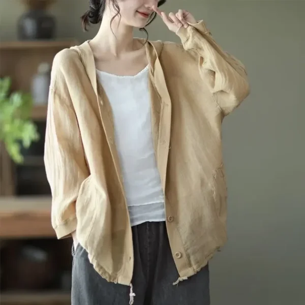 Hooded Cotton Linen Jacket Women’s Lightweight Retro Sun Protection Coat - Image 4