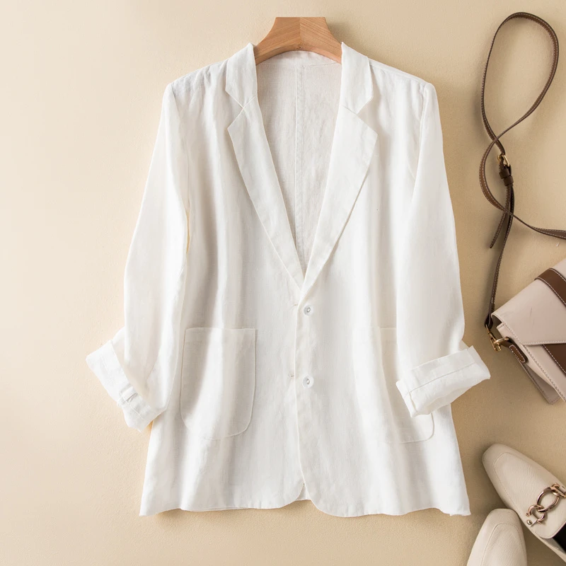 Cotton Linen Blazer Tops Women Elegant Jackets – Oversized Vintage Autumn Coat - Image 5